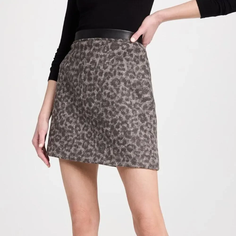 Club Monaco Leather Detail Wool Blend Centie Skirt in Leopard Print Size 10 NWT